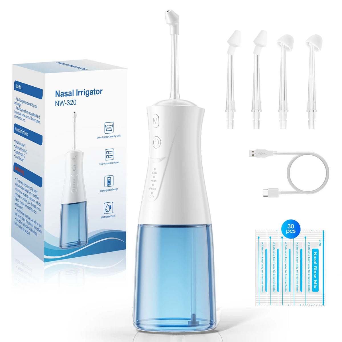 Electric Nasal Rinse Machine for Sinus Relief & Nasal Care, 4 Tips, 30 Salt Packs, Nasal Irrigation Sinus Kit for Adult & Kid Vue White China Mainland