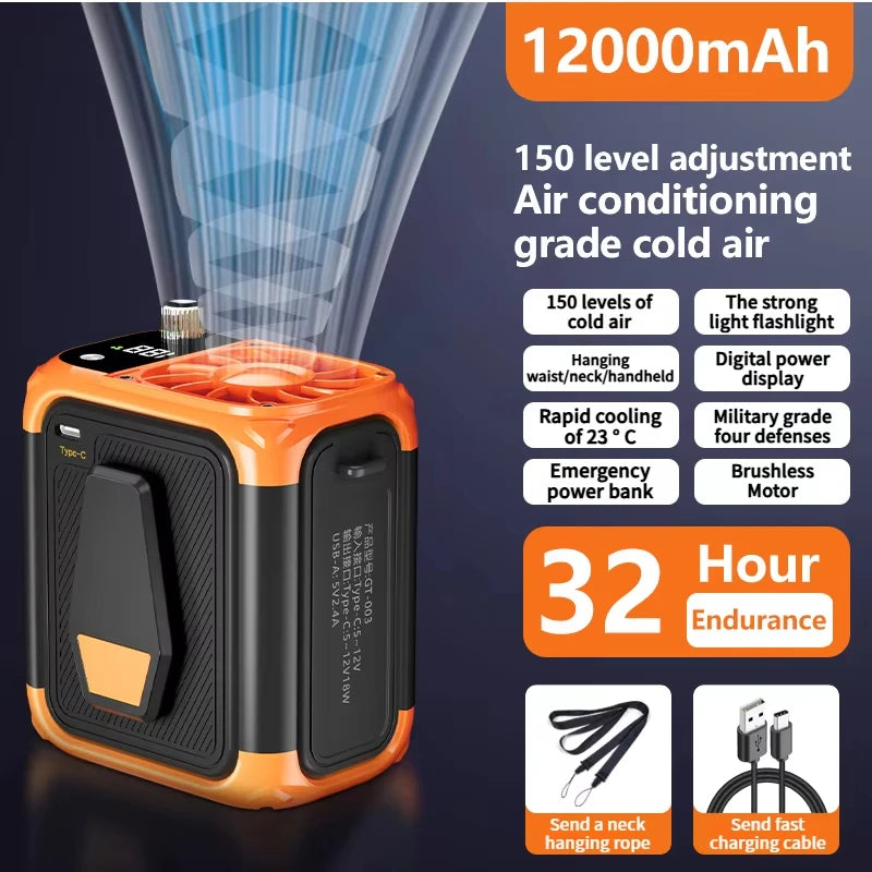 Mini high-speed waist fan, bladeless USB hanging neck fan, outdoor multifunctional mobile power lighting digital display fan Vue Orange