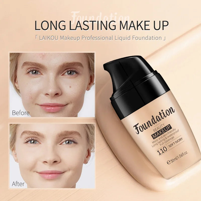 LAIKOU 30ml Liquid Foundation Waterproof Makeup High Coverage Concealer Long-lasting Cover Dark Circle Brighten Matte BB Cream Vue