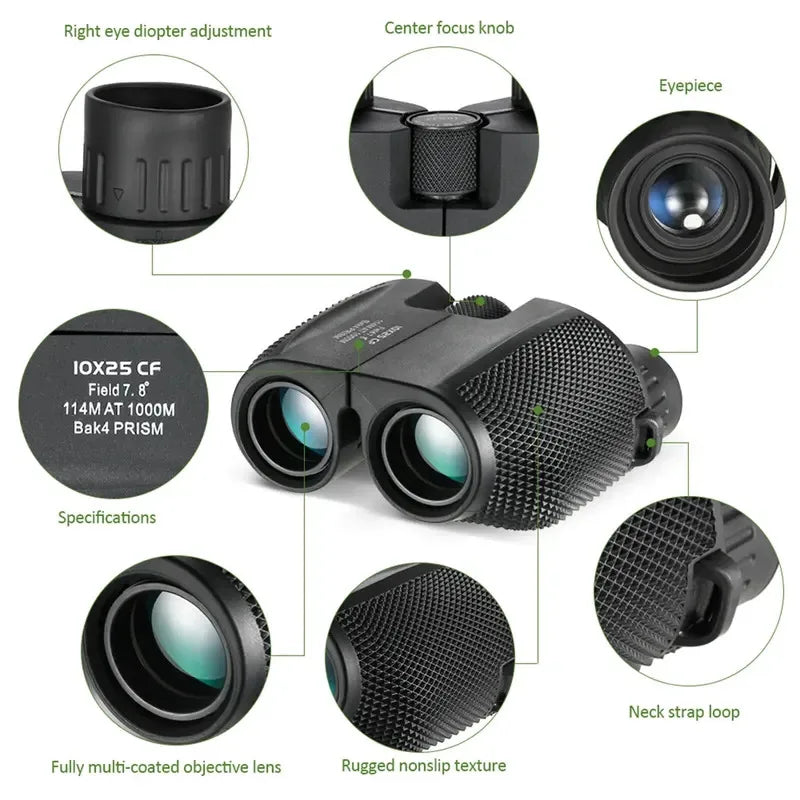10x25 HD Mini Binoculars BAK4 FMC – Bird Watching & Travel Compact Binoculars Vue