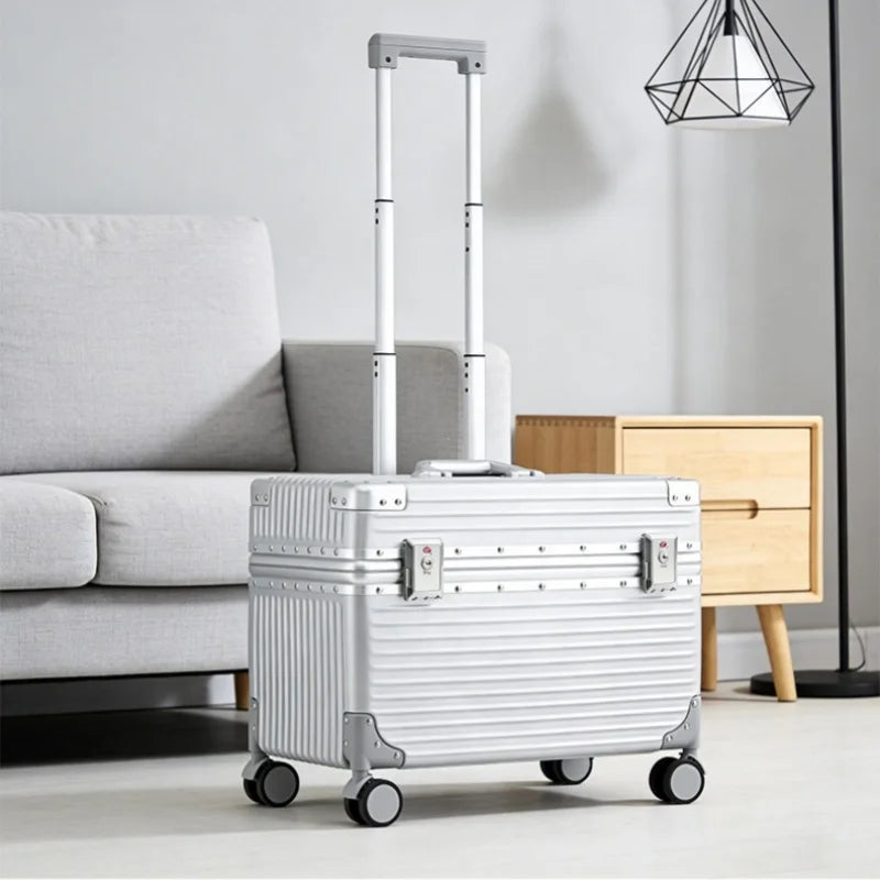 Carry On 18 Inch Aluminum Alloy Frame Luggage Men's PC Material Suitcase Women's Tool Luggage Photography Luggage Vue 9002-Silver