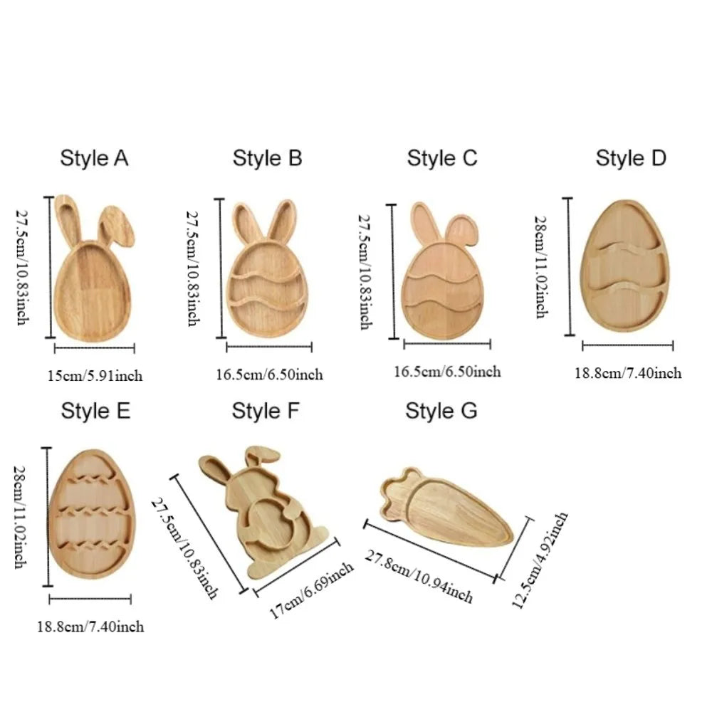 Wooden Easter Egg Shape Tray Cartoon Decorative Bunny Snack Serving Tray with Compartments Durable Food Display Plate Vue