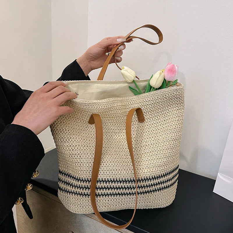 Designer Striped Straw Shoulder Bag Female Fashion Large Capacity