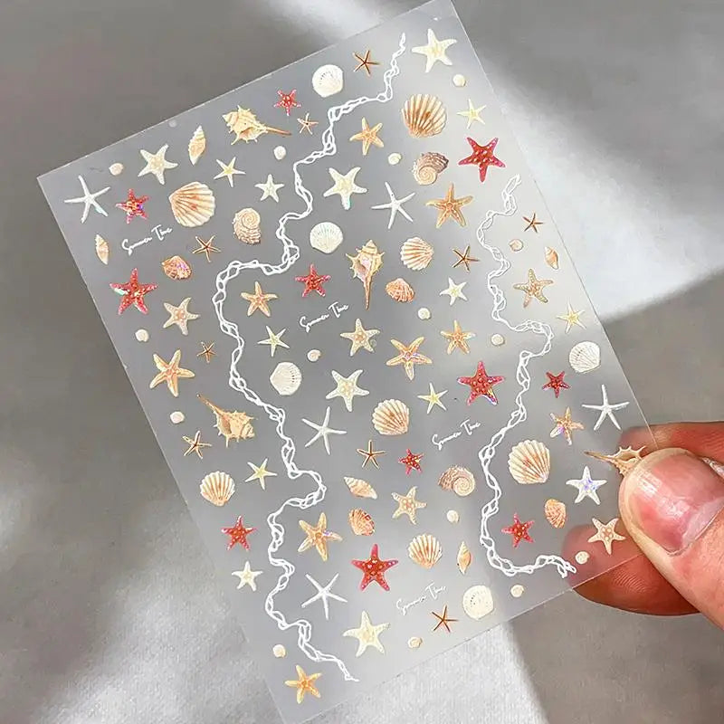 1 Sheet 5D Summer Seashell Nail Sticker Shiny Embossed Starfish Nails Stickers Summer Beach Sea Conch Nail Decals Decoration Vue B