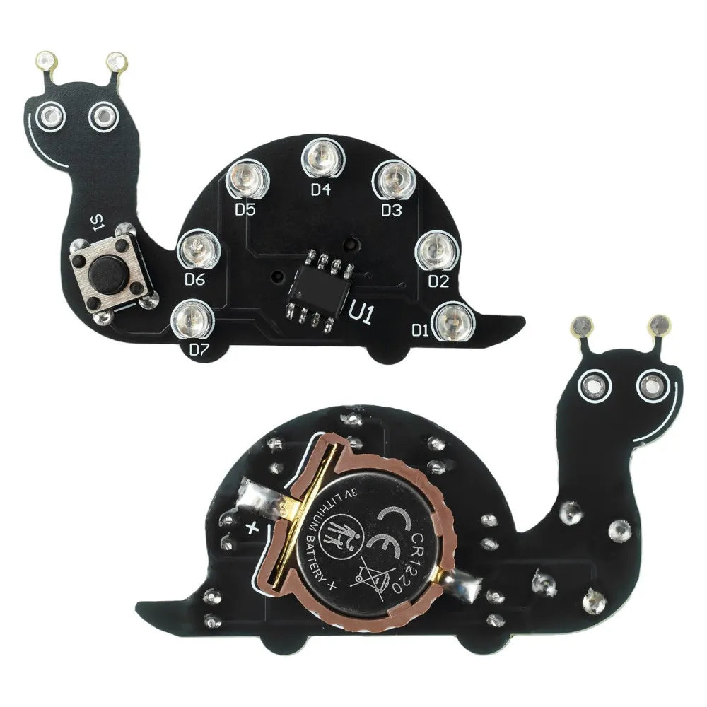 Snail Shape LED Running Light Soldering Practice Board DIY Electronic Kit 7 Green LEDs 6 Lighting Modes Welding Training Kit Vue