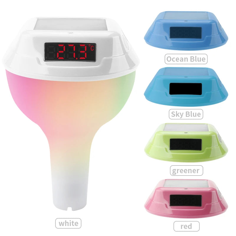 Solar Powered Outdoor Pool Thermometer LED Display Water Temperature Meter Waterproof Pool Tub GRB LED Light Temperature Gauge Vue