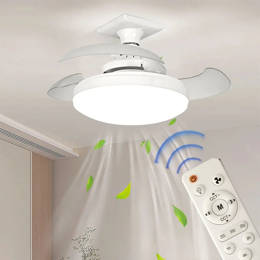 52CM Ceiling Fan Light Suitable For E27 Base Silent Retractable Blade With Remote Control Room Lighting Small Electric Fan Vue