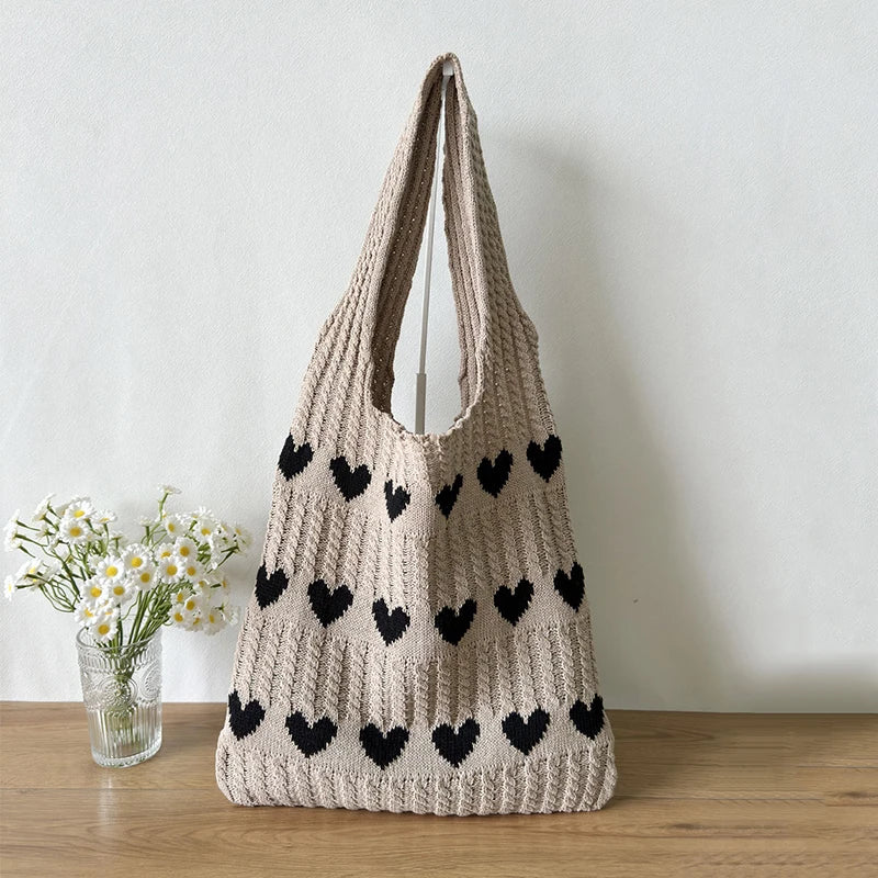 Knitted Love Pattern Tote Bag Stylish Woven Handbag Shoulder Women Vue khaki