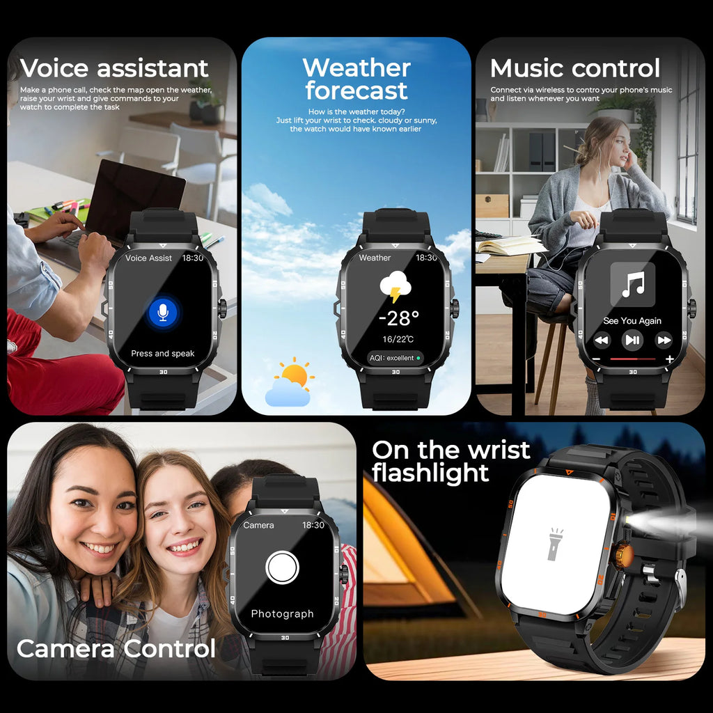 2025 Men Outdoor Sports Smart Watch 2.01''Screen Voice Assistant Blood Oxygen Bluetooth Call Multi Sports Modes Smartwatch Women Vue