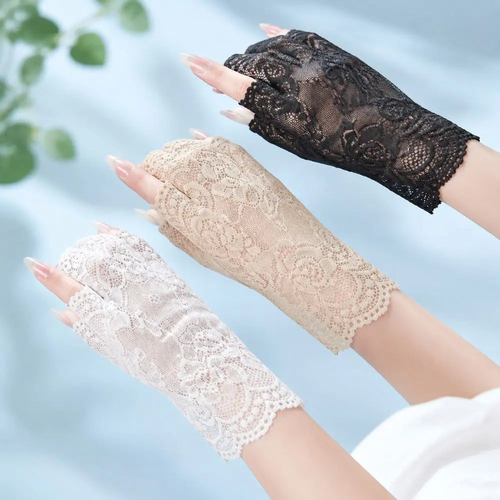 Summer Thin Half-finger Gloves Elasticity UV Protection Mesh Lace