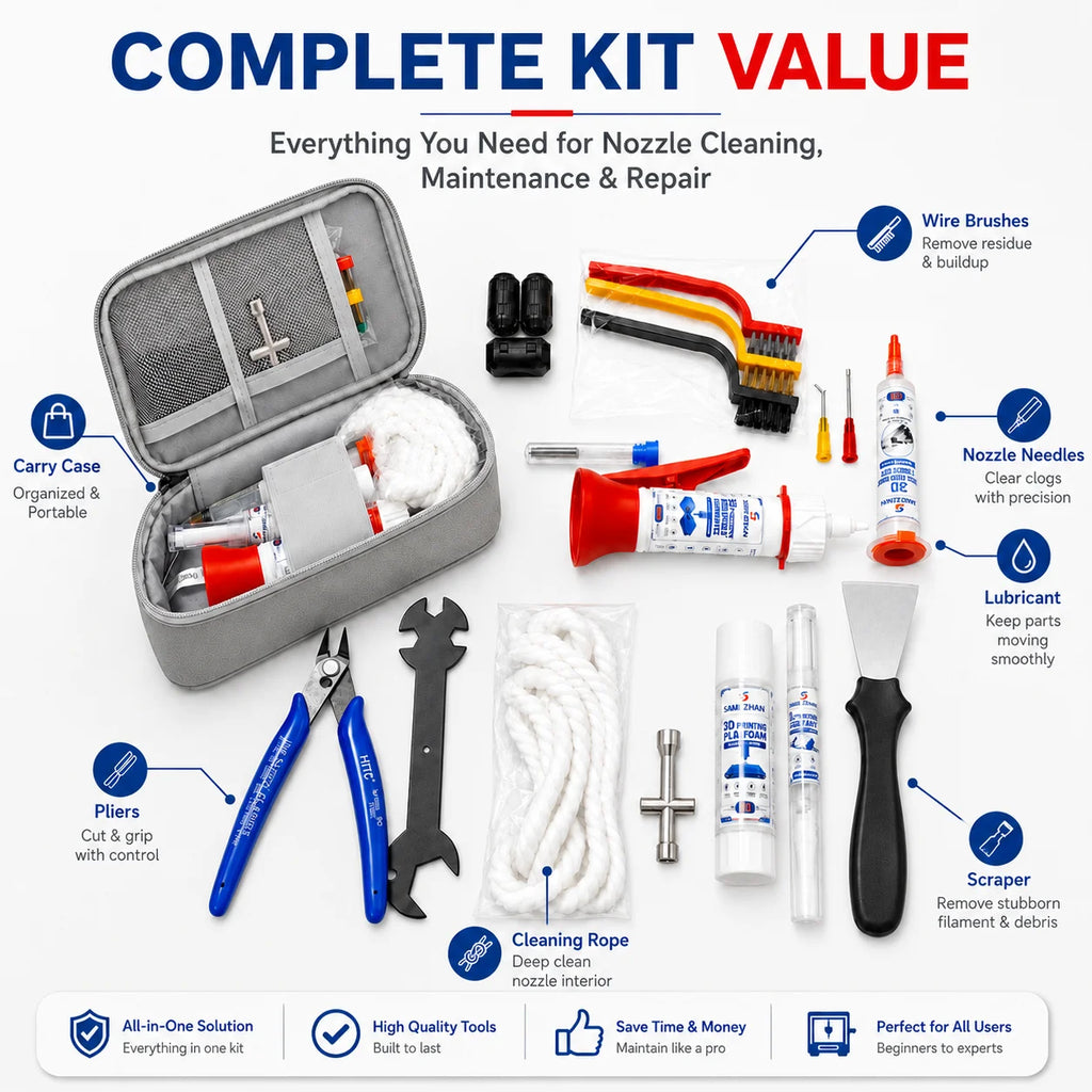 Complete 3D Printer Tool Kit Nozzle Cleaning Wire Brush Plier Spatula Wrench Platform Glue Stick Maintenance Set with Case Vue