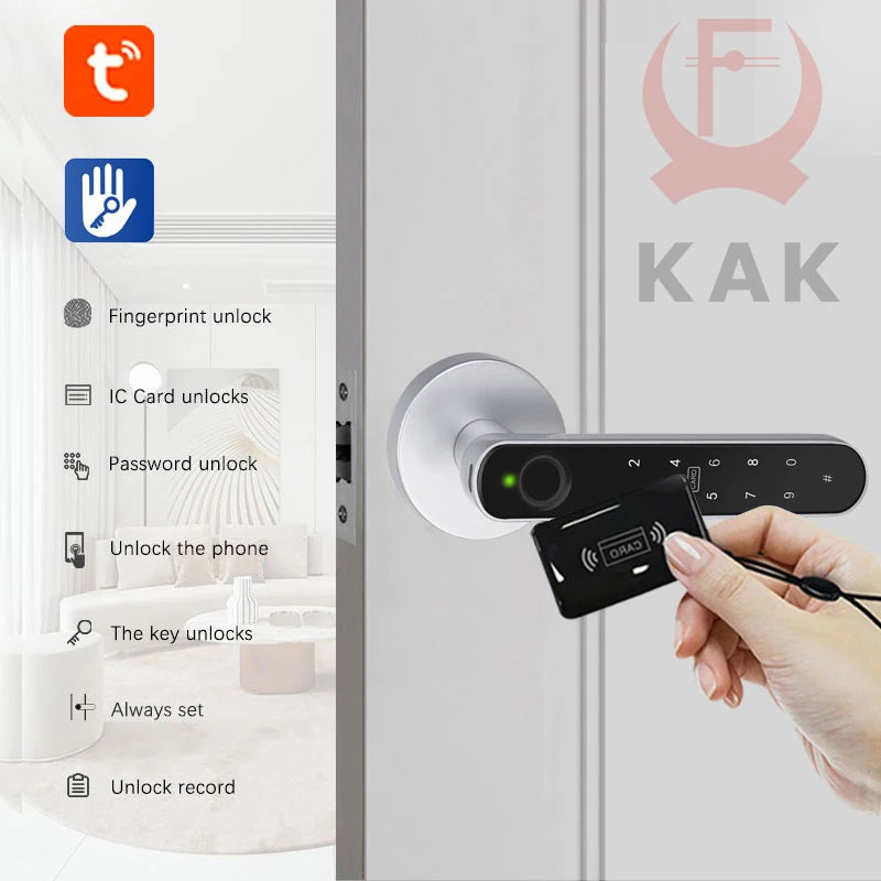 KAK Tuya Handle Fingerprint Key Card Digital Smart Door Lock Keypad Key Entry Electronic Lock 180 Days Super Long Standby Time Vue Silver