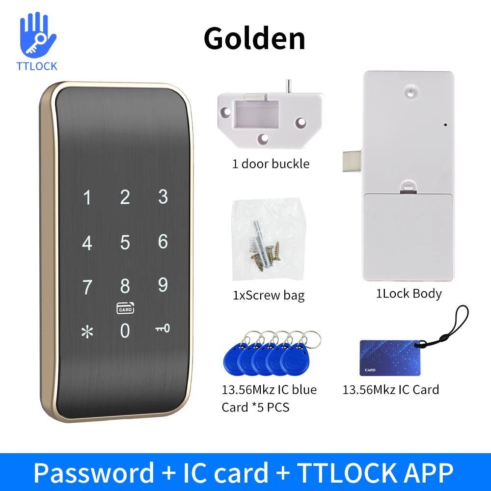 Electronic Digital Fingerprint Keypad TTLOCK APP Cabinets Drawer Sauna Door Lock Unlocking by Code Password Phone 13.56Mhz Card Vue EM167-PW-TT Golden