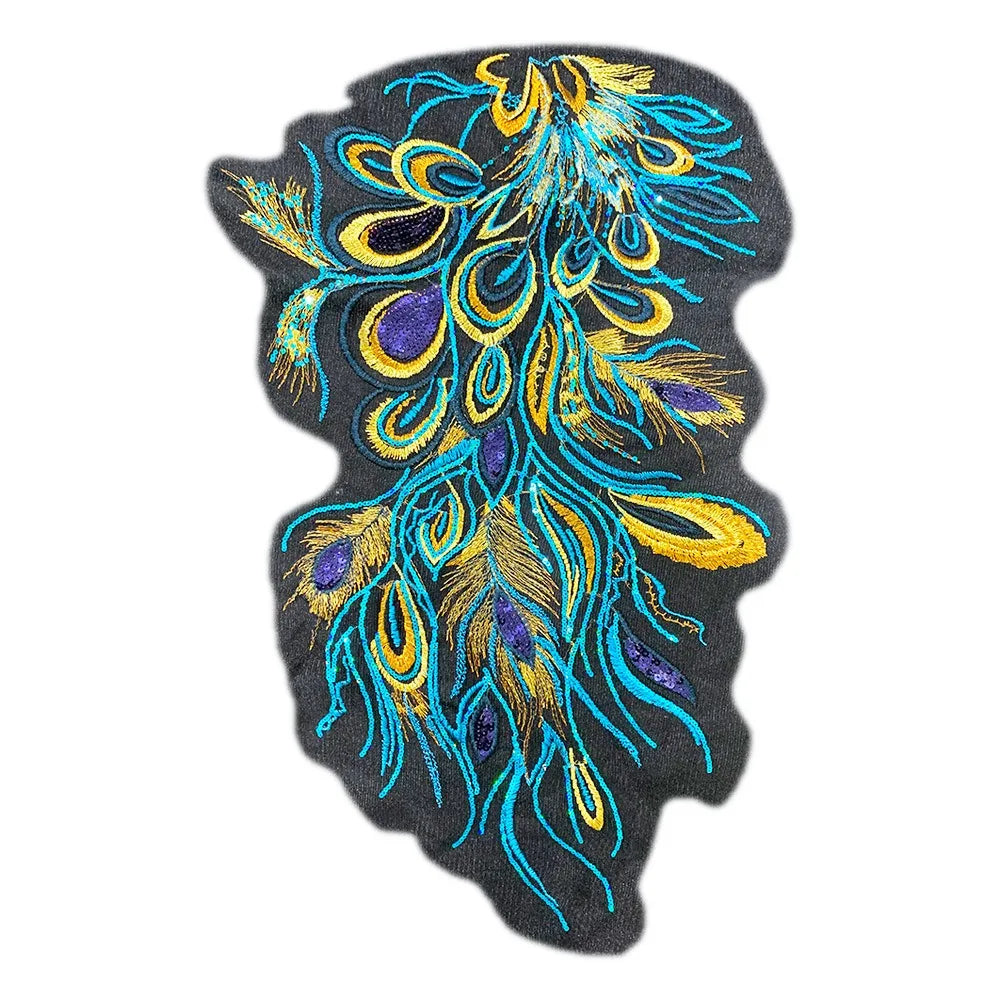Phoenix Feather Sequin Embroidery Patches Mesh DIY Sequined Embroidery Patches Fashion Elegant Iron on Patches Wedding Dresses Vue Blue