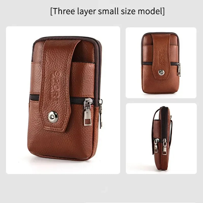 Men Leather Waist Bag Large Capacity Belt Bag Brown Shoulder Bags Crossbody Bags Multi-layer Buckle Mobile Phone Bag Bum Pouch Vue