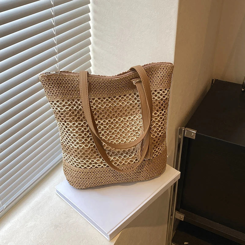 Summer Straw Bags Women Rattan Shoulder Bag Travel Handmade Woven Vue khaki