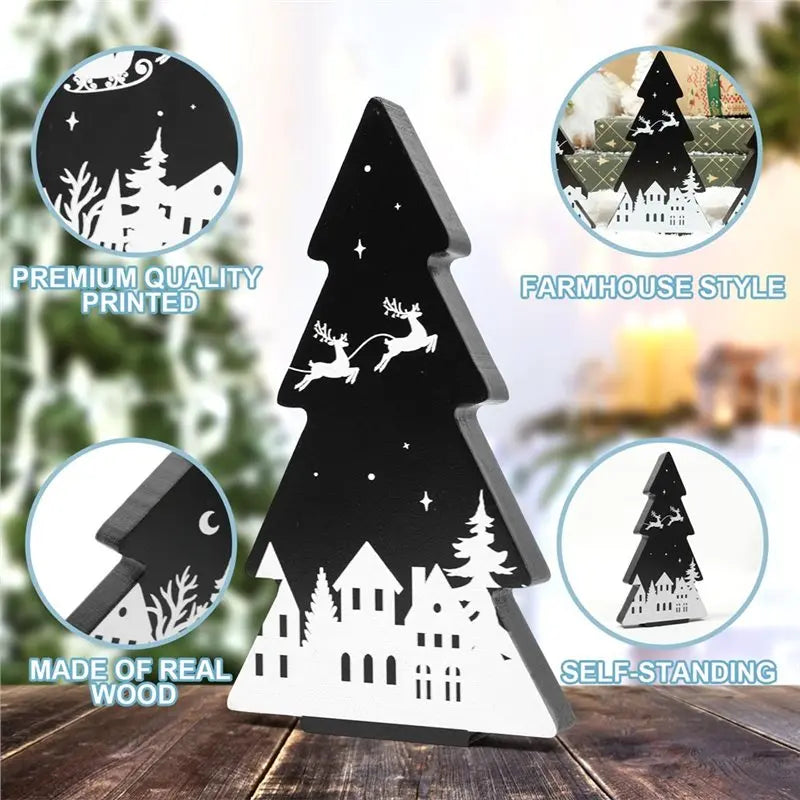 ABKW-For Christmas Tree Wooden Signs Black White 3 Pieces Xmas Tiered Tray Decor For Christmas For Home Tabletop Party Decor(Bla Vue