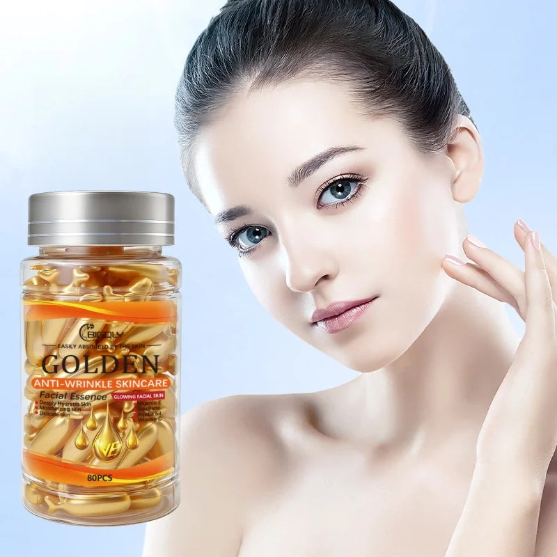 80 Capsules of Facial Anti-Wrinkle Serum, Rich in Vitamins C, E, and Squalane, Moisturizes and Nourishes the Skin, Making It Smooth and Delicate, Packaged in Capsule Form, Hygienic and Portable Vue