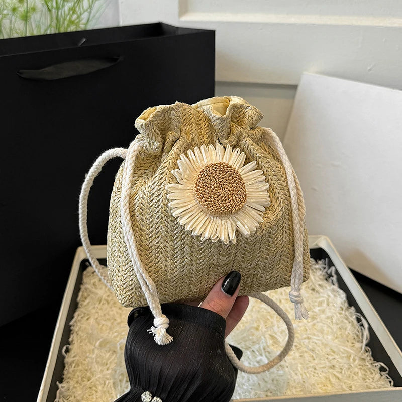 Rattan Woven Women Straw Bag Handbag Knit Flower Summer Beach Vue khaki