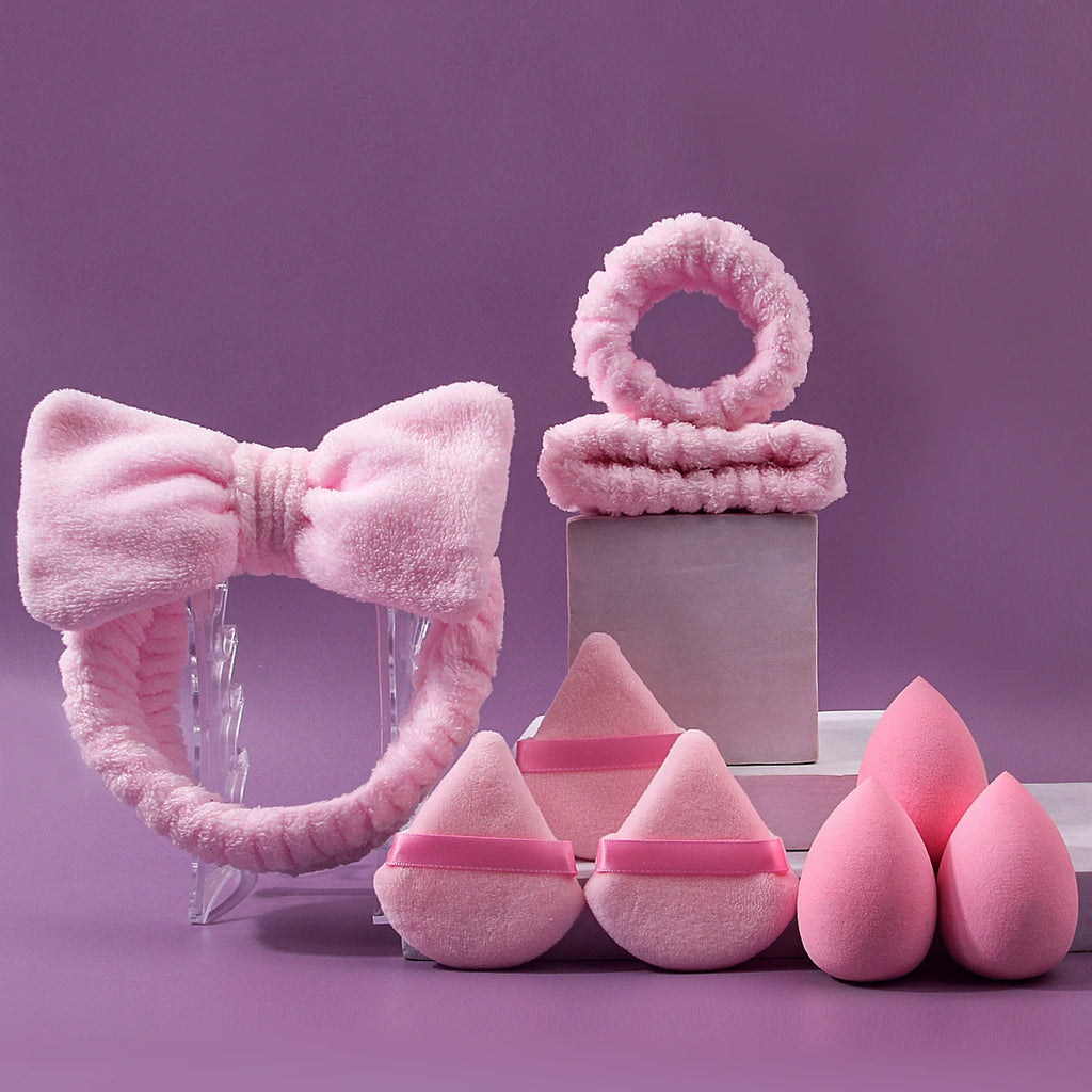 9pcs pink beauty tools, super soft hair tie, wrist strap + dry and wet dual-purpose makeup sponge, egg triangular powder puff Vue Pink