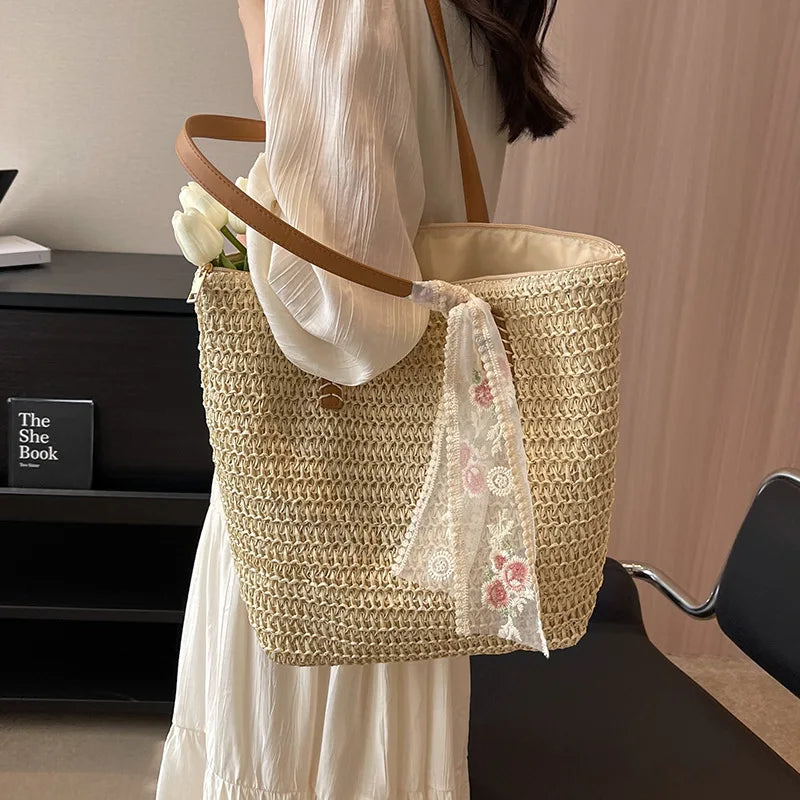 Square Bucket Straw Beach Bag Handmade Woven Shoulder Raffia Rattan