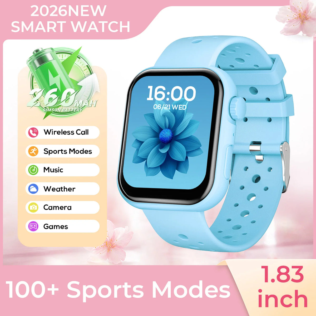 2026 New SmartWatch Bluetooth Call Music Sports Band Long Battery Fitness Tracker Silicone Strap Health Monitor for Adults fun Vue Lightblue-DD