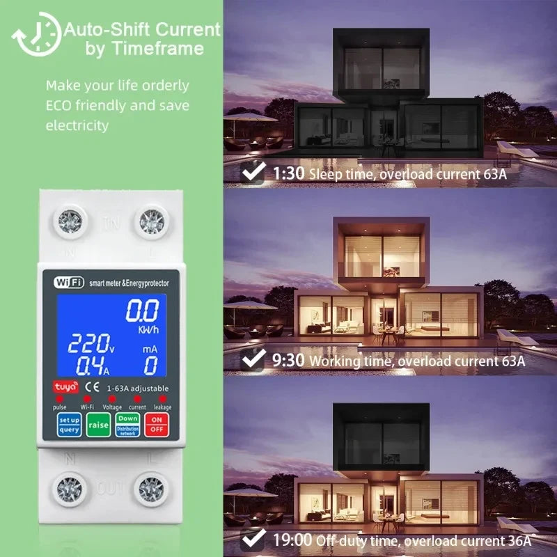 63A Smart Life PV Smart Circuit Breaker Tuya Voltage Relay 230V Wifi Current Leakage Protection MCB Automatic Switch Vue