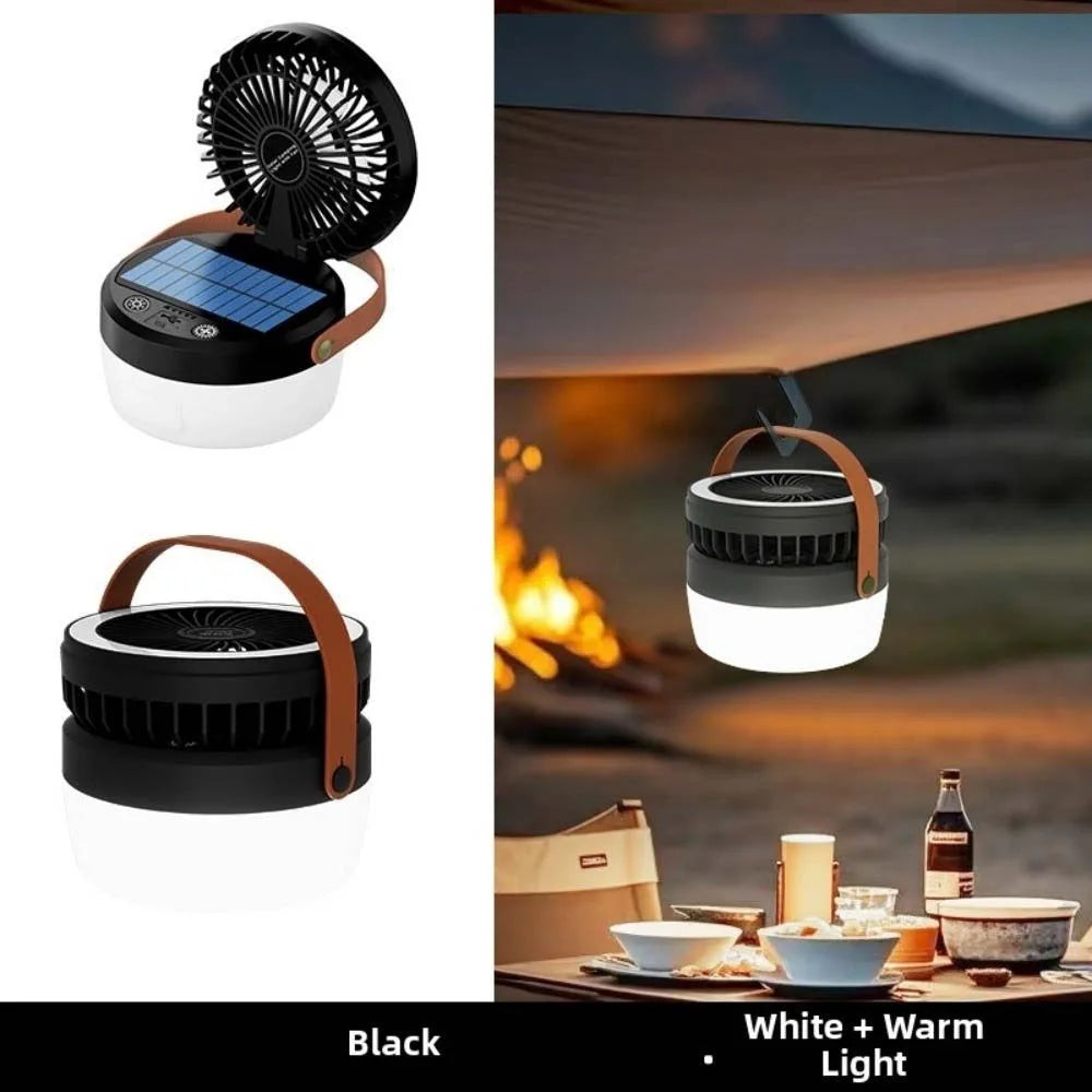 Camping Folding Fan Light Multi Functional USB Rechargeable/Solar Cooling Fan with Light Compact Adjustable Tent Hanging Lantern Vue Black
