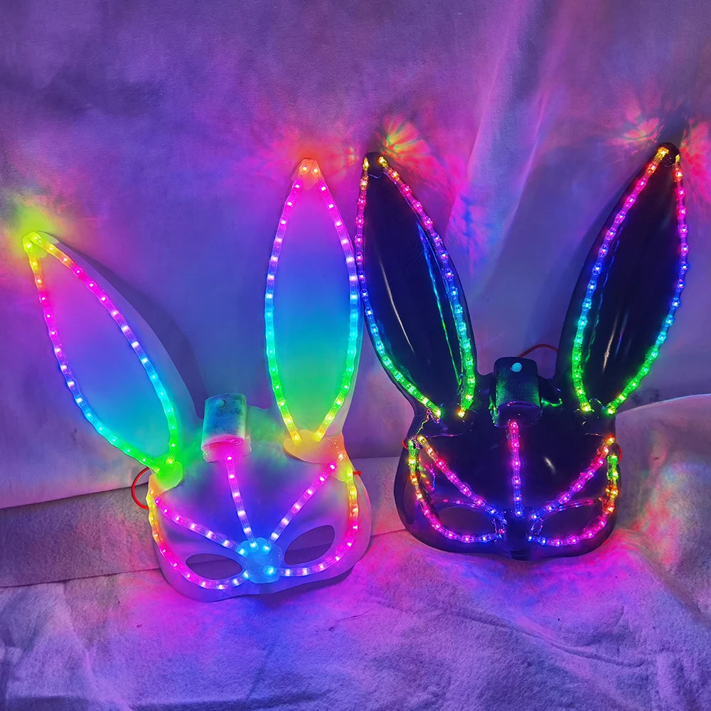 Halloween LED Light up Bunny Mask Mixed Colours Double Cross Eyes Cute Plush Bunny Party Spoof Mask Photo Props for Halloween Vue