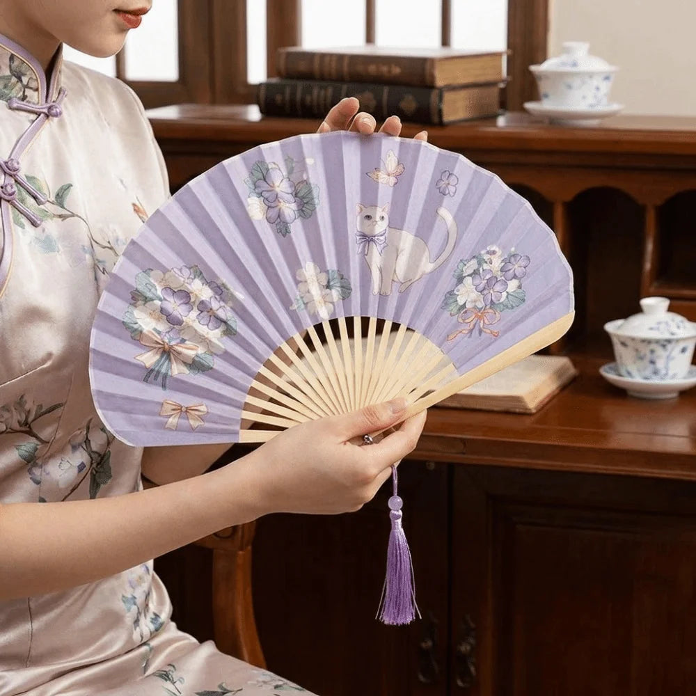 Cute Retro Folding Fan Japanese Style Shell Shape Handmade Fan Cartoon with Tassels Decorative Fan Cultural Gift Vue