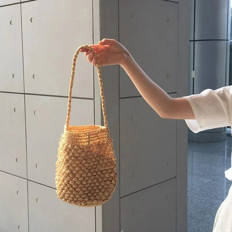 Summer Handmade Crossbody Bag Women Beach Weaving Drawstring Straw