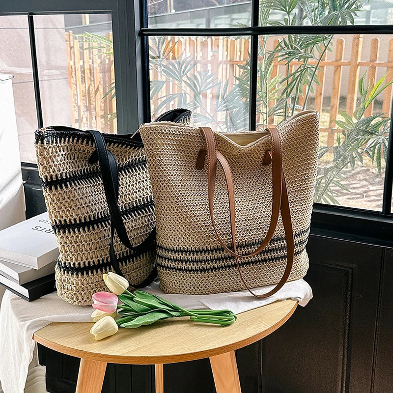 Designer Striped Straw Shoulder Bag Female Fashion Large Capacity