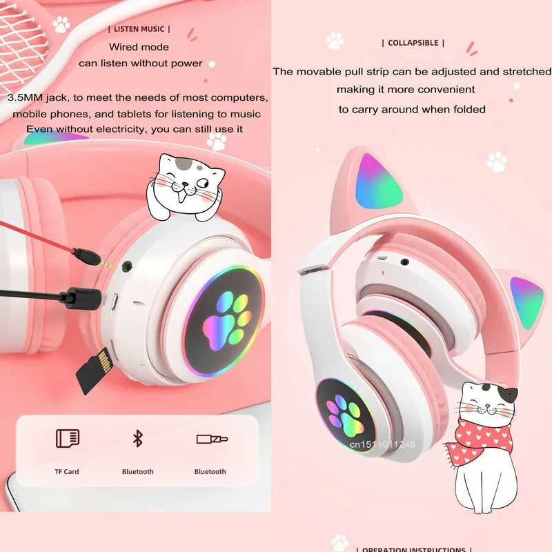 Cat Ears Headphones Flash Light Wireless With MIC Control LED Kid Stereo Cute Music Bluetooth Phone Headset Earphone Girls Gift Vue
