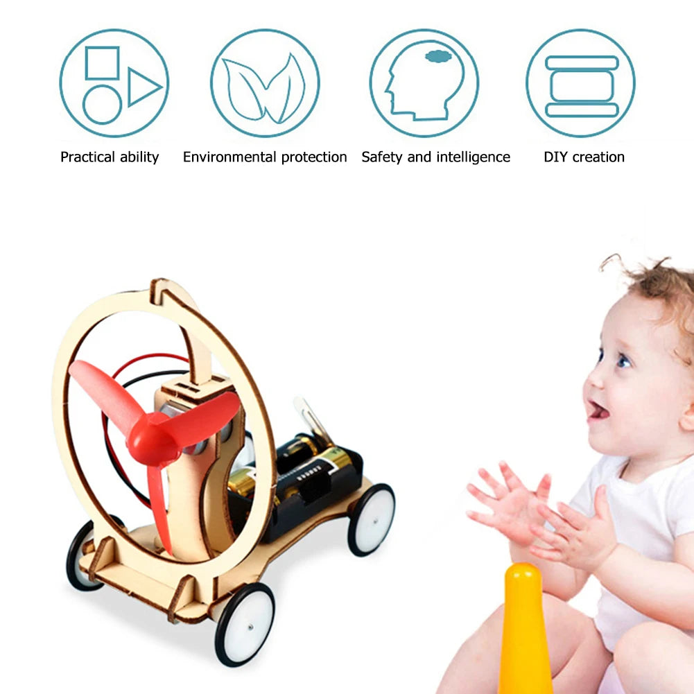 DIY Electric Wind Car Toys Excellent Plastic Wood Kids Students Physical Science Experiments Technology Learning Kit Vue