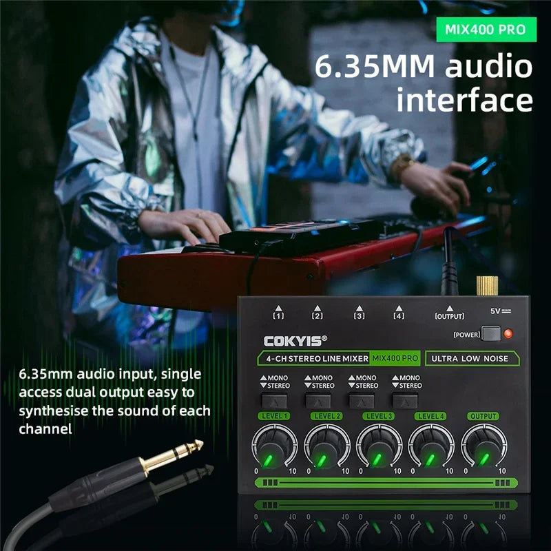 Stereo Mixer Professional Sound Mixer Audio Mixer Portable Ultra Low-Noise Line Mixers for Recording Live New 4 Channel Mix400 Vue