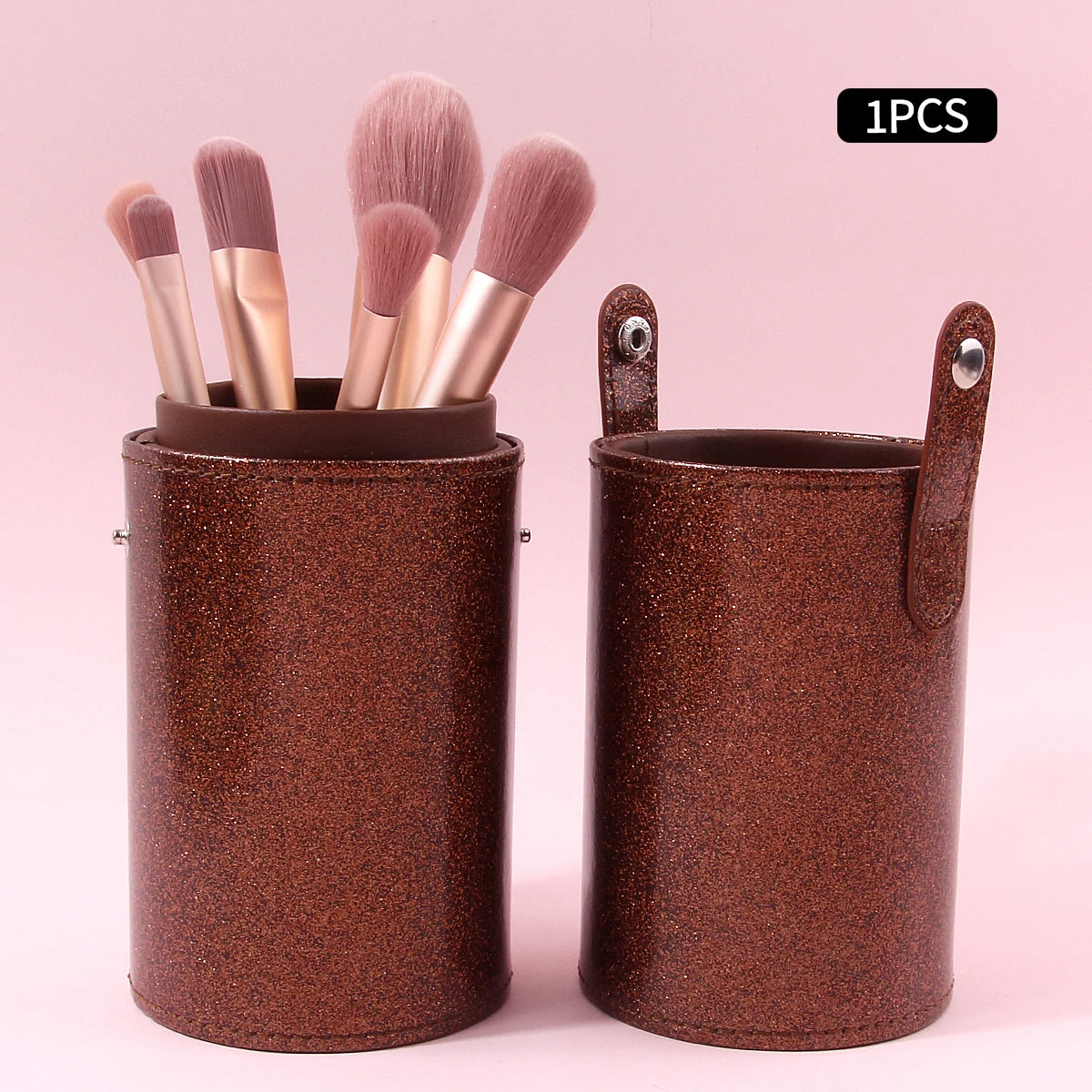 Dustproof Makeup Brush Holder,1PCS Glitter Brown PU Leather Cylinder Snap-Button Storage Bucket Free Shipping Portable Cosmetic Vue