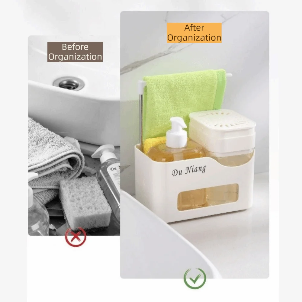4-in-1 Hand and Dish Soap Dispenser Set Plastic Refillable Press Soap Dispenser Rag Holder with Sponge Holder Shampoo Bottle Vue