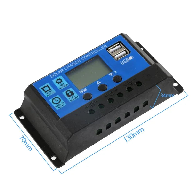 Solar Charge Controller 12V/24V PWM 10A 20A 30A 40A 60A with Adjustable LCD Display Dual USB Port Timer Setting Auto Parameter Vue