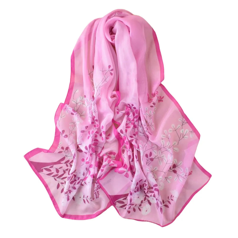 Floral Print Chiffon Scarf Long Thin Shawl Silk Soft Protection Vue Rose Red