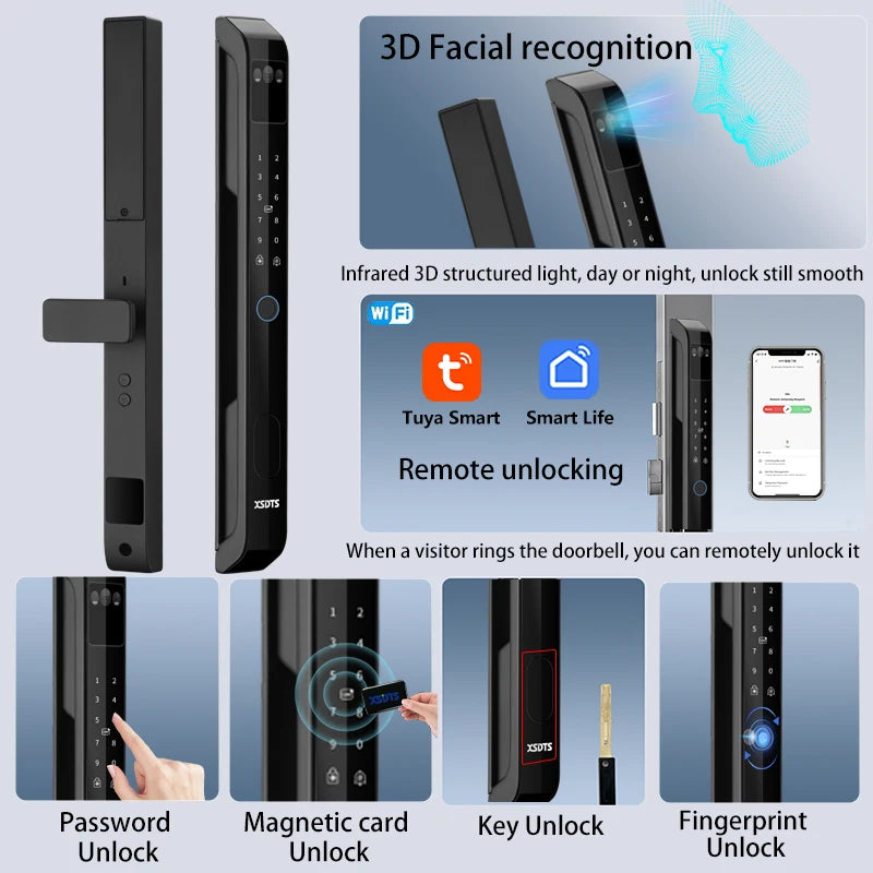 3D Face Tuya WiFi Electronic Smart Door Lock Palm Vein Password Key Fingerprint Aluminum Glass Sliding Door Waterproof Outdoor Vue