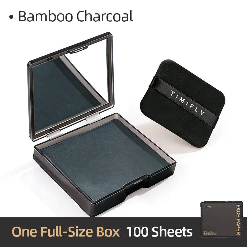 100Pcs Oil Blotting Paper Matting Face Oil Control Wipes Facial Oil Absorbing Sheet Portable Refillable Facial Blotter with Case Vue Bamboo-Charcoal