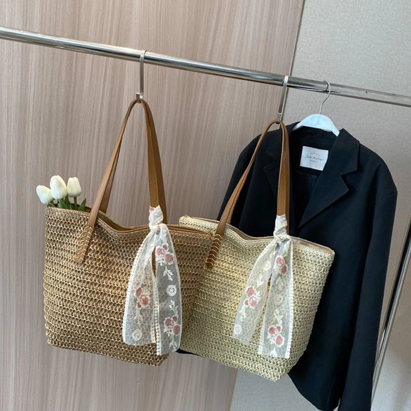 Square Bucket Straw Beach Bag Handmade Woven Shoulder Raffia Rattan