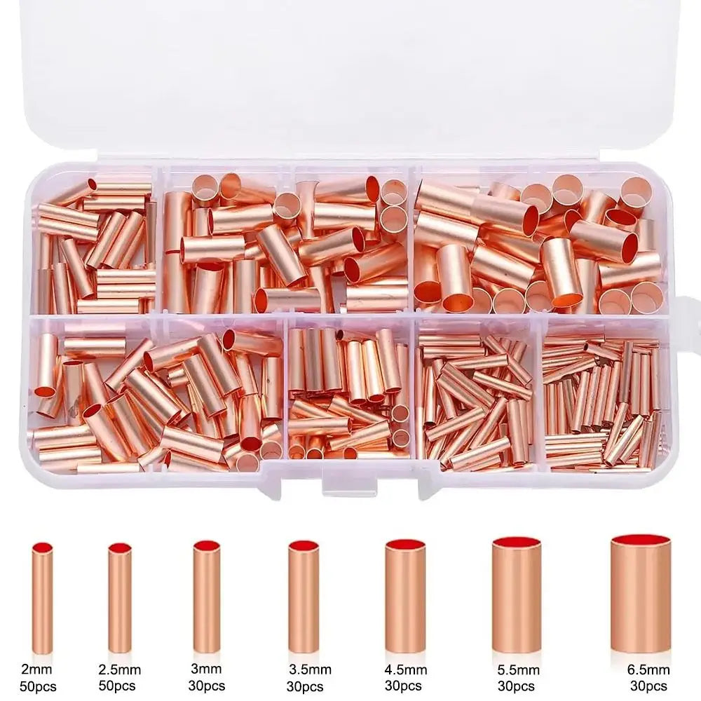 250Pcs 7 Size Wire Ferrules Kit Copper Non Insulated Copper Crimp Connector Boxed Straight Tube Terminal Assortment Kit Vue