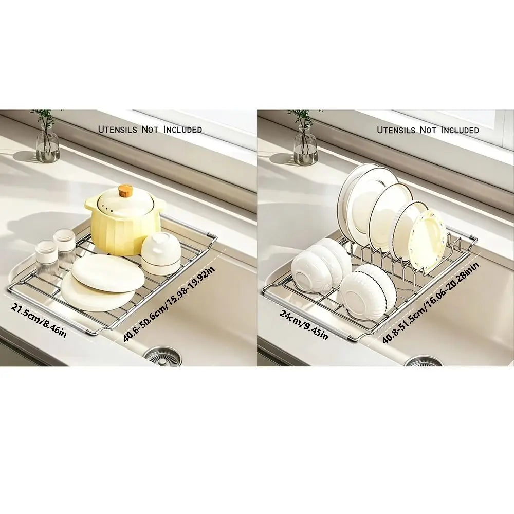 Stainless Steel Expandable Dish Rack Rustproof Non-slip Kitchen Sink Organizer Rectangular Multifunctional Bowl Drain Shelf Vue