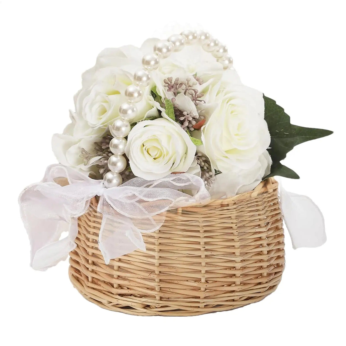 M/LHandwoven Pearl Flower Girl Basket Pearl Handle Bow Ribbon Wedding Petal Basket Easter Rattan Basket Romantic Wedding Decor Vue