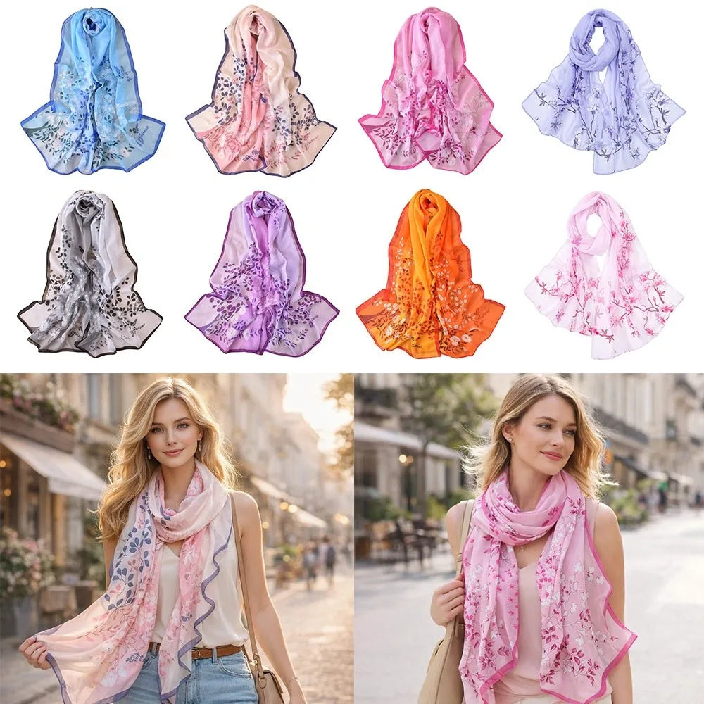 Floral Print Chiffon Scarf Long Thin Shawl Silk Soft Protection
