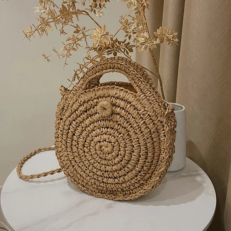 Round Straw Crossbody Bag Handmade Woven Shoulder Women Summer Beach
