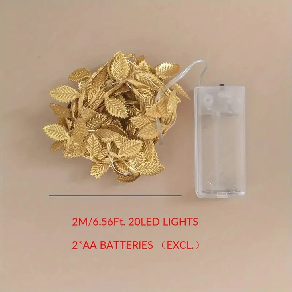 1PC 2M 20LED Golden Tiny Leaves Fairy Light Battery Powerd Led Copper Wire String Lights for Wedding Home Party DIY Xmas Decor Vue