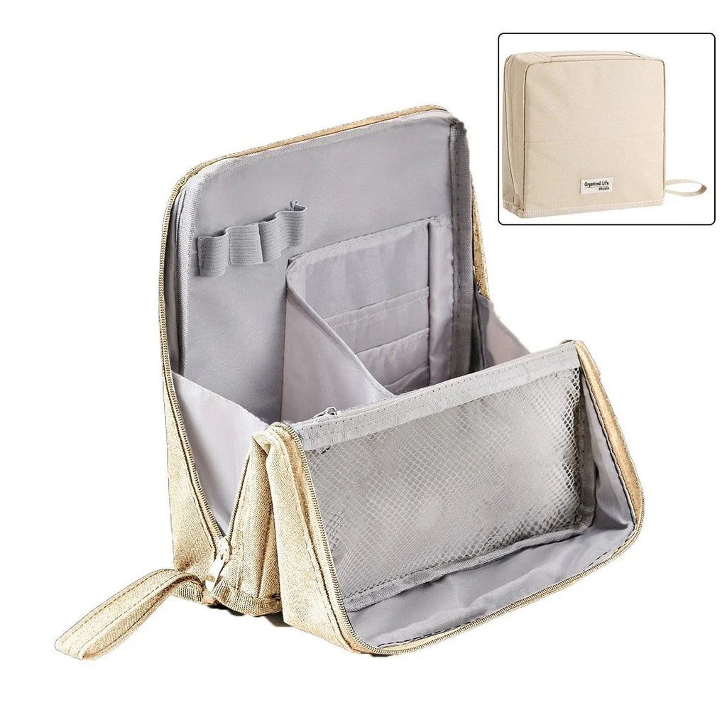 Standing Makeup Brushes Storage Bags Large Capacity Cosmetic Tools Organizer Bag PU Leather Makeup Case with Double Zipper Vue Beige