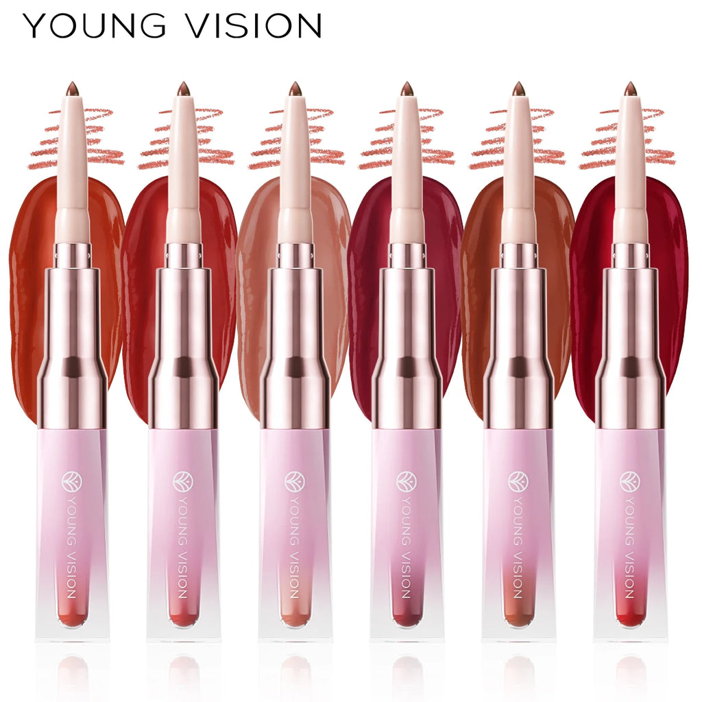 6-color dual-ended lip liner +Lip Gloss mirror hydrating gradient Lip Tint, Matte Finish, Velvet Liquid Lipstick Vue